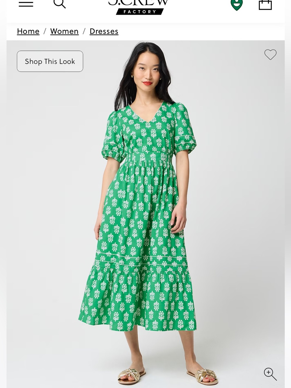 J. Crew Factory Green Printed V-Neck Puff Sleeve Midi Dress